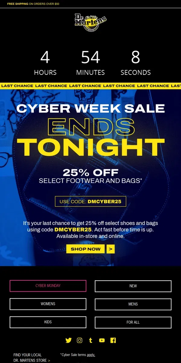 Email from Dr. Martens. ⚡️ Cyber Sale ends tonight