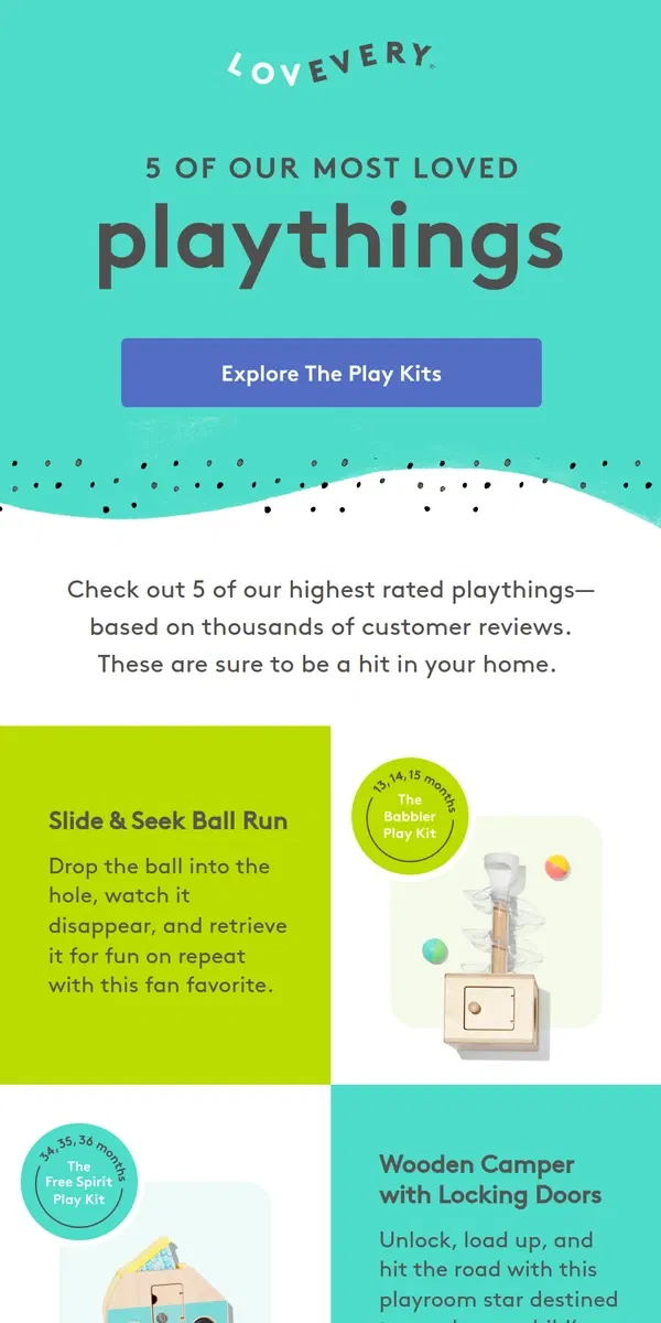 Email from Lovevery. Top 5 most loved play essentials 👀