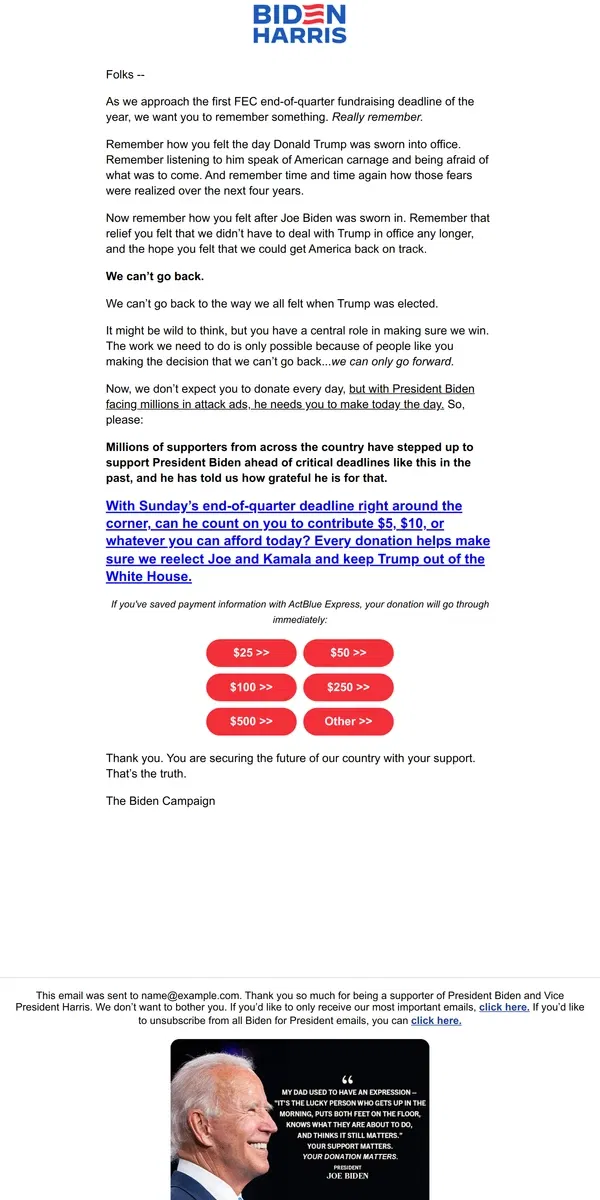 Email from Kamala Harris. We can’t go back