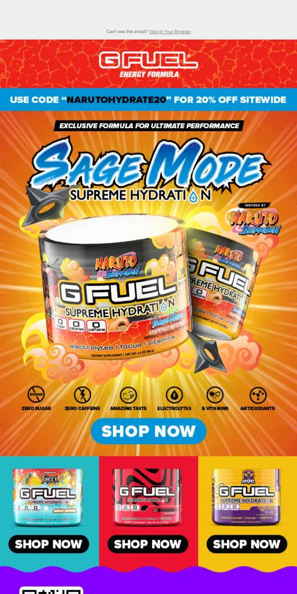 Email from G FUEL. 💦 Revitalize your ninjutsu with Naruto-inspired hydration!