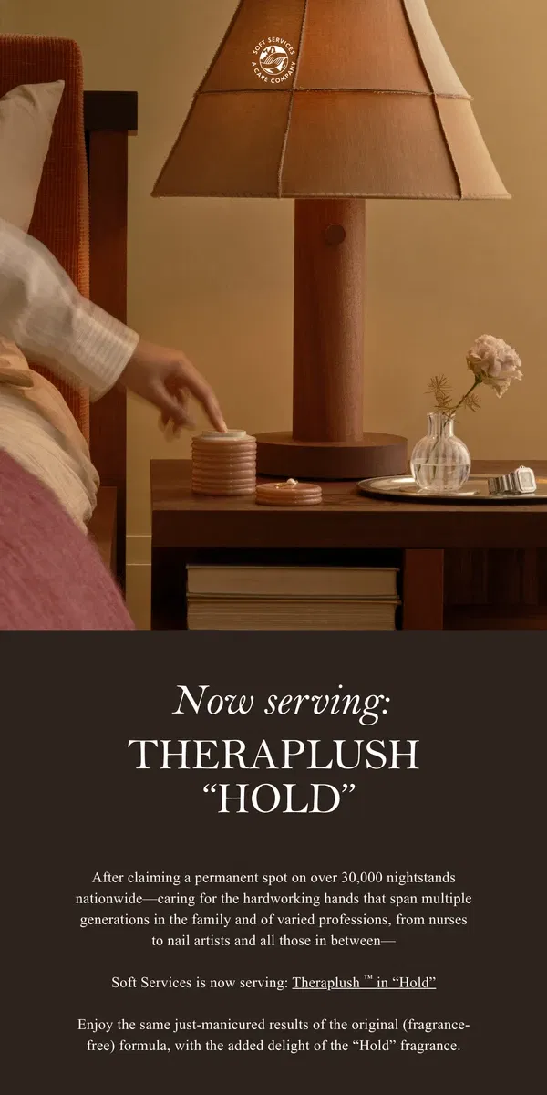 Email from Soft Services. Now serving: Theraplush “Hold”