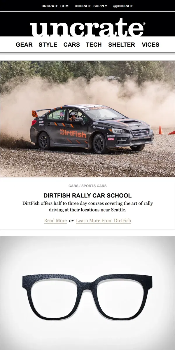 Email from Uncrate. DirtFish Rally Car School & more