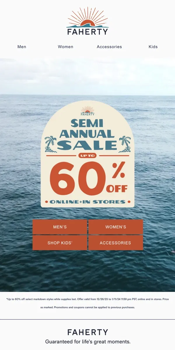 Email from Faherty. Our Semi-Annual Sale: Up To 60% Off