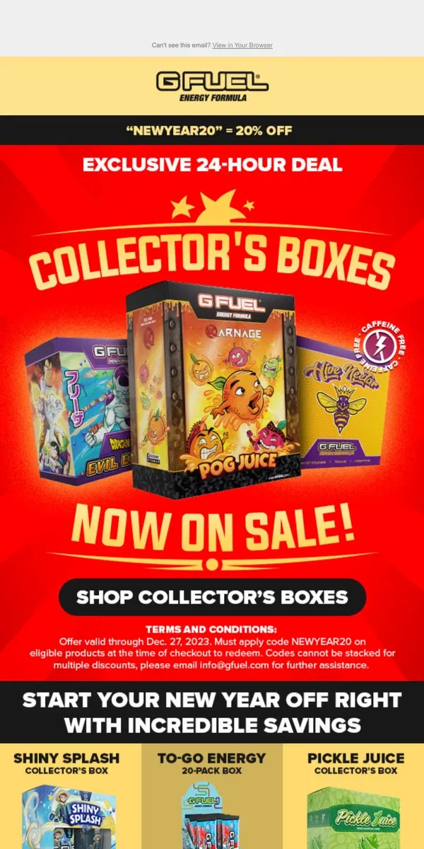 Email from G FUEL. Shop Collector’s Boxes: G FUEL's After-Christmas Boxing Day Sale!  🎁