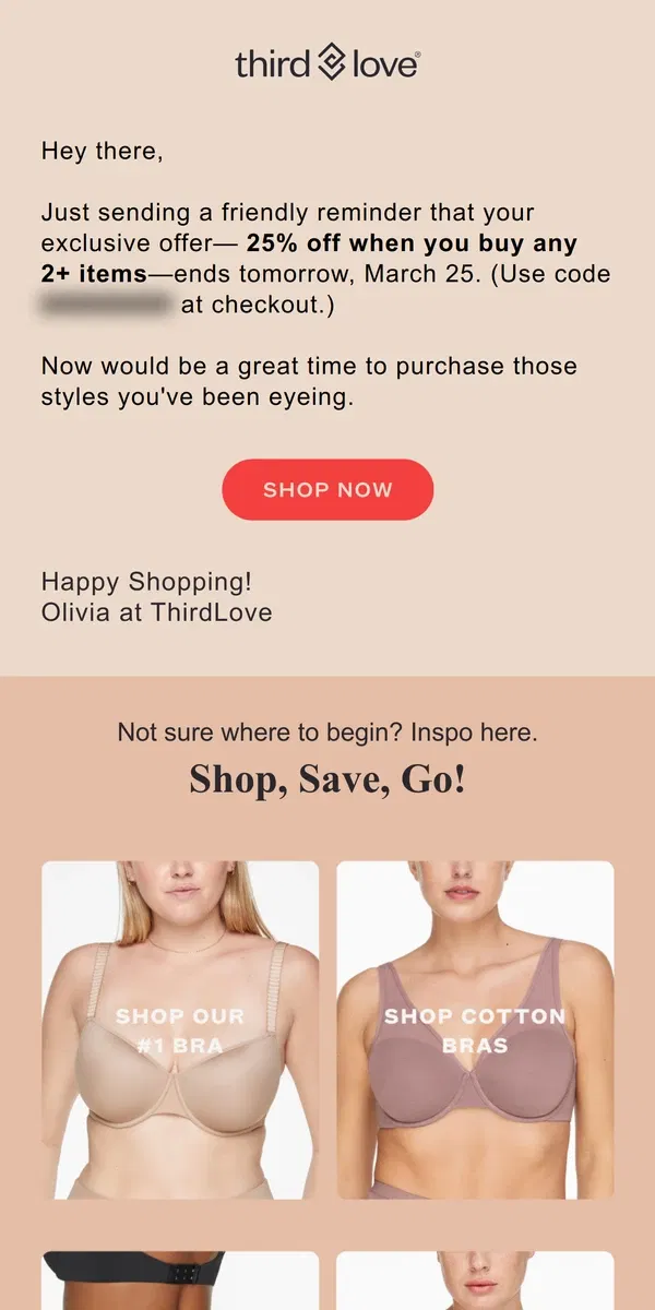 Email from ThirdLove. Reminder : Get 25% OFF 