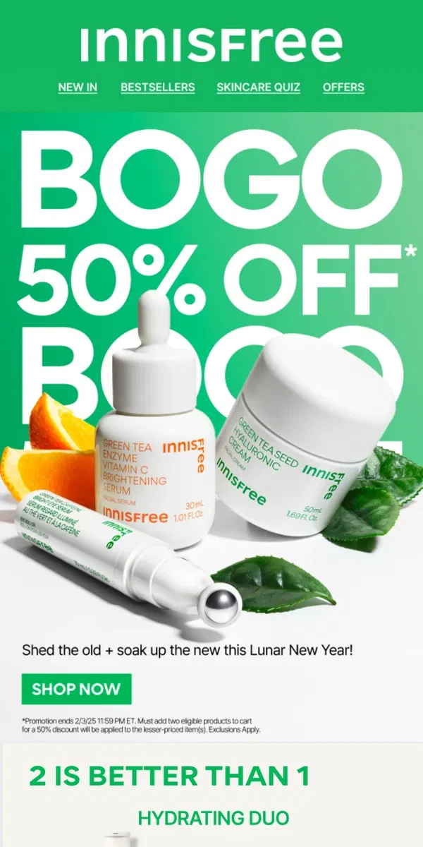 Email from innisfree. Happy Lunar New Year! BOGO 50% OFF