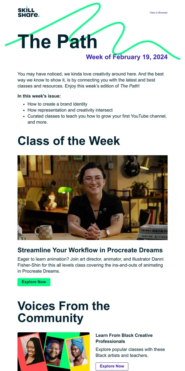 Email from Skillshare. The Path: Issue 011 - Procreate Dreams, and a new class from Chris Piascik