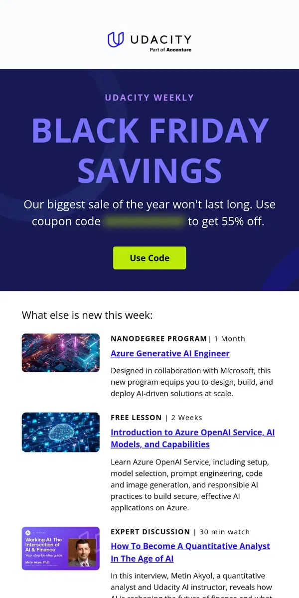 Email from Udacity. Udacity Weekly: Best Deal of the Year 💸