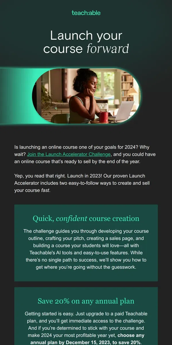 Email from Teachable. Launch Accelerator: your crash course for course creation.