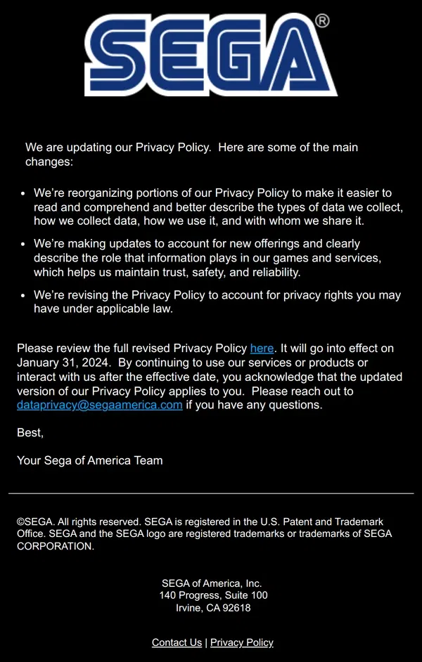 Email from SEGA. We’re Updating Our Privacy Policy