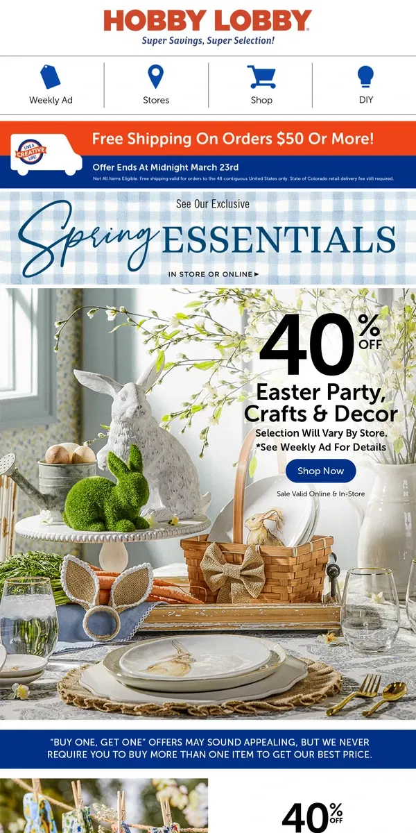 Email from Hobby Lobby. Set The Perfect Easter Table With 40% Off!