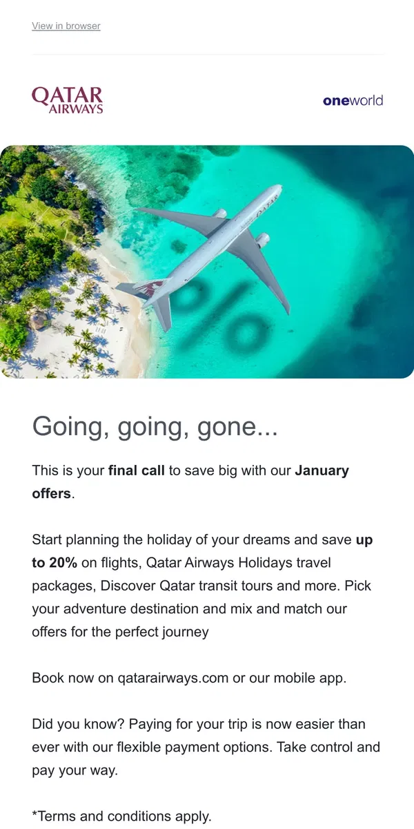 Email from Qatar Airways. Only a few hours left!