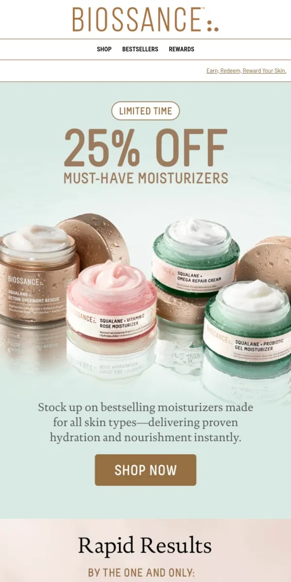 Email from Biossance. Dry, winter skin? Stock up with 25% off