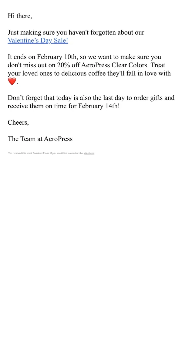 Email from AeroPress. LAST CALL for On-Time V-Day Delivery! 🚨