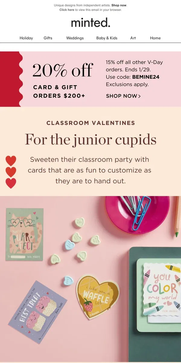 Email from Minted. 3 valentine trends we’re crushing on