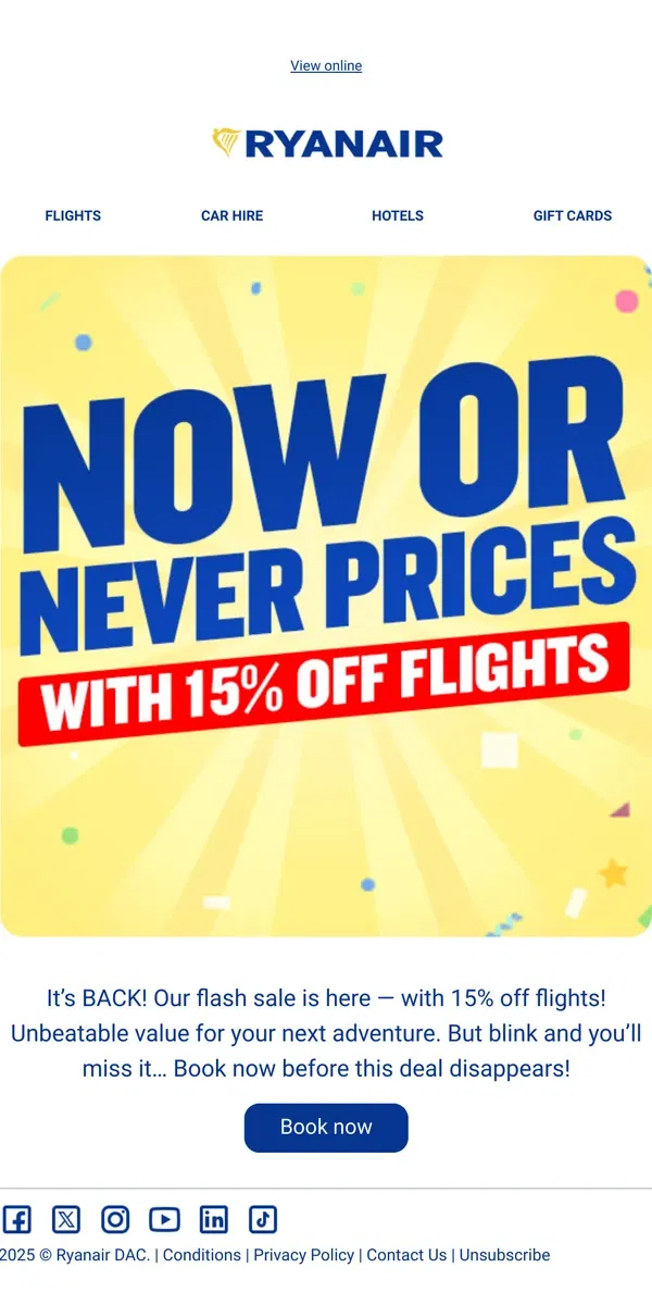 Email from Ryanair. FLASH SALE: Flights 15% off⚡