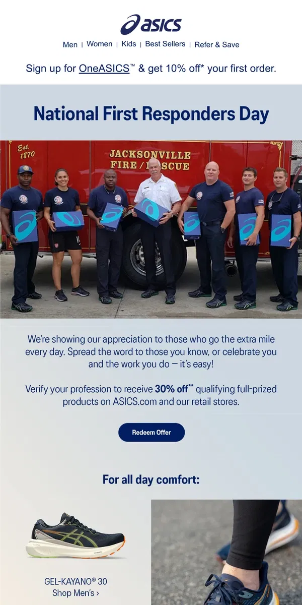 Email from ASICS. First responders, thank you!