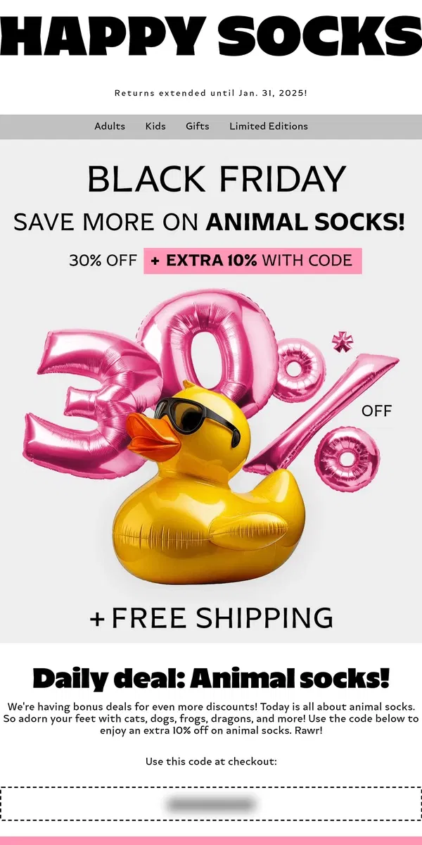 Email from Happy Socks. 30% Off! Black Friday Sock Sale!