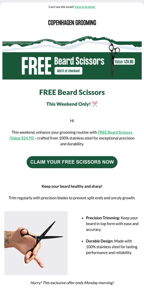 Email from Copenhagen Grooming. 🎁 Your FREE Beard Scissors has been added to your cart