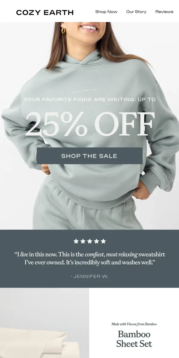 Email from Cozy Earth. Up to 25% off is almost over ⏳