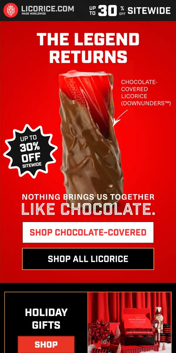 Email from Licorice.com. 🚨 IT'S BACK: CHOCOLATE-COVERED LICORICE