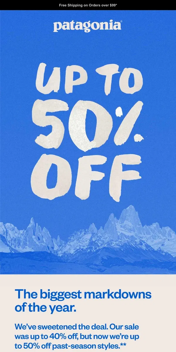 Email from Patagonia. Our sale is now up to 50% off