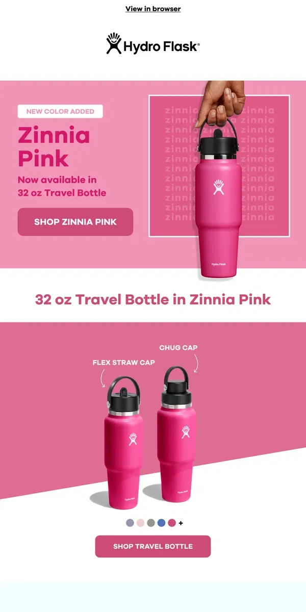 Email from Hydro Flask. New Travel Bottle Color: Zinnia Pink