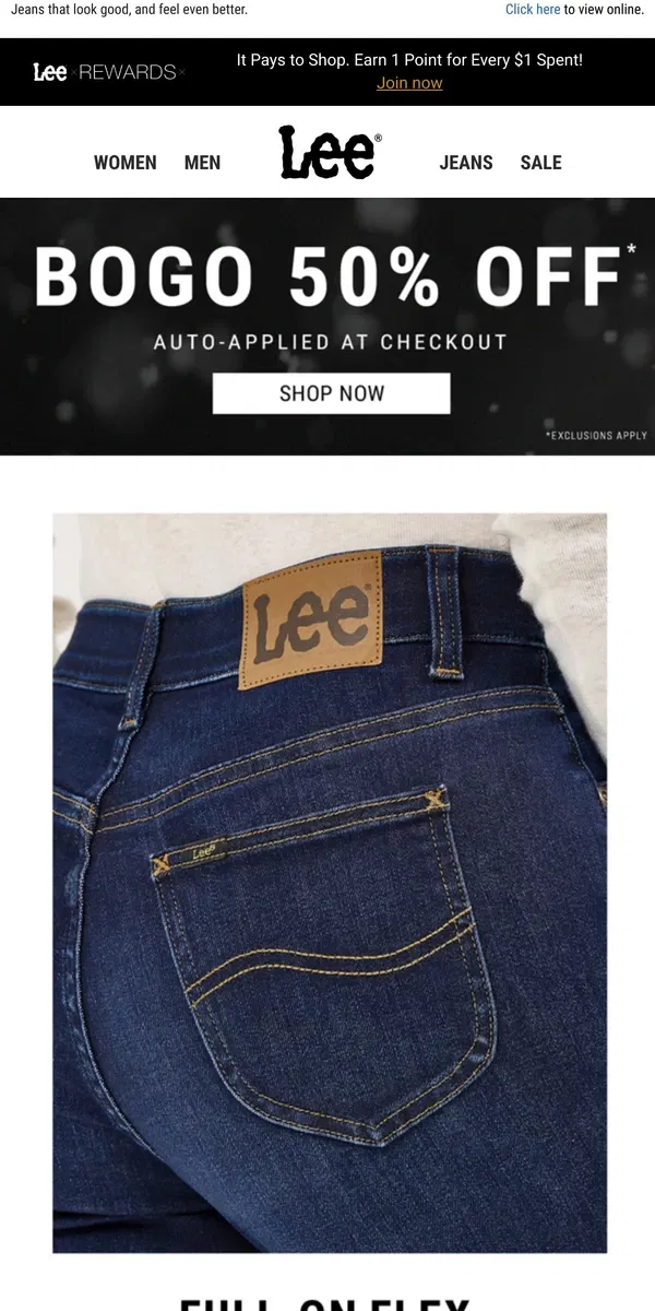 Email from Lee. Stretch further with BOGO 50% off