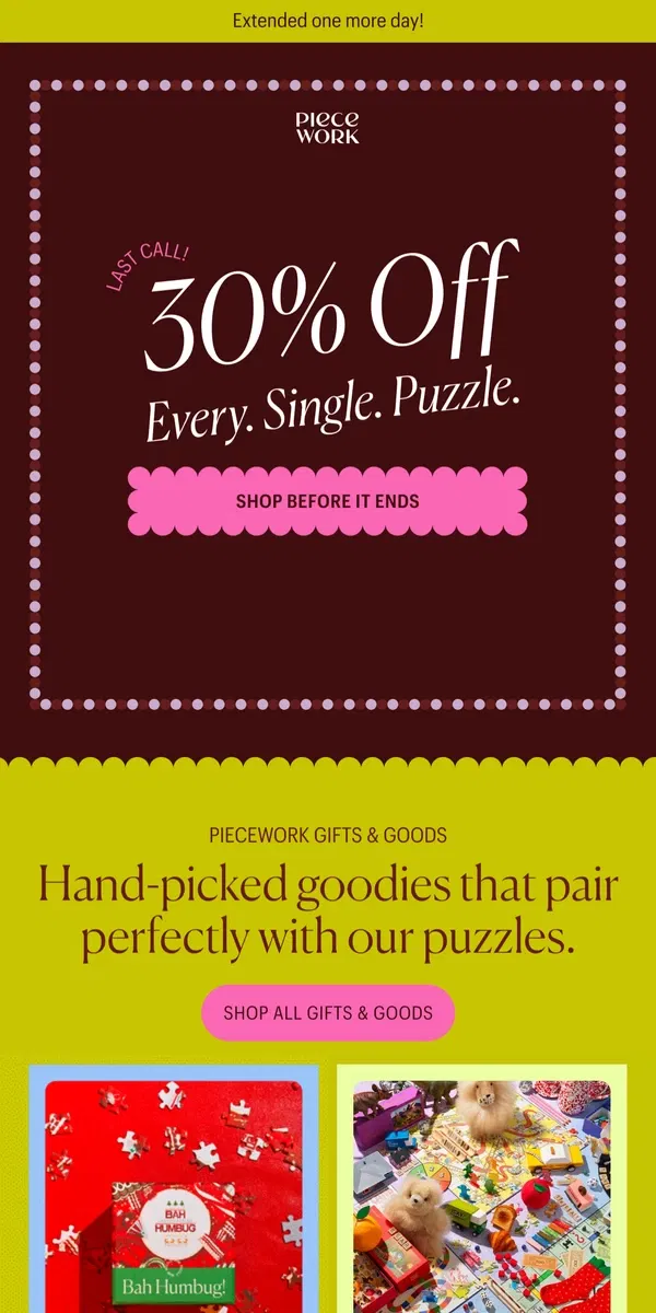 Email from Piecework Puzzles. E-x-t-e-n-d-e-d