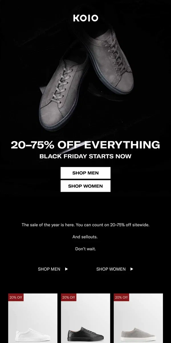 Email from Koio. SHOP 20–75% OFF SITEWIDE