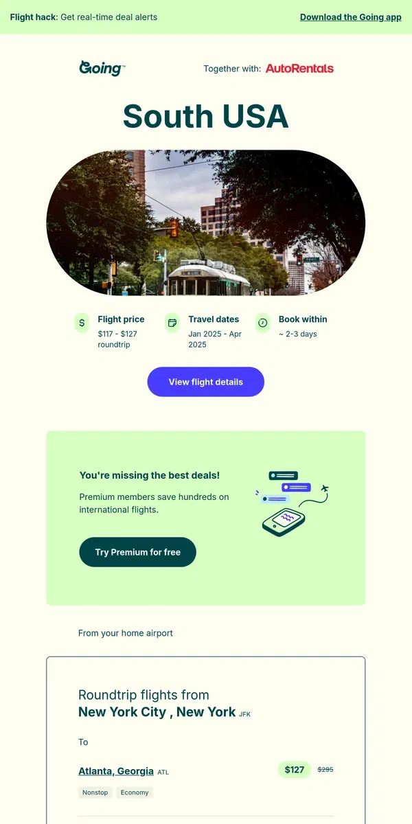 Email from Going. 🤠 *nonstop* Southern USA —  $117 to $127 (Jan-Apr)