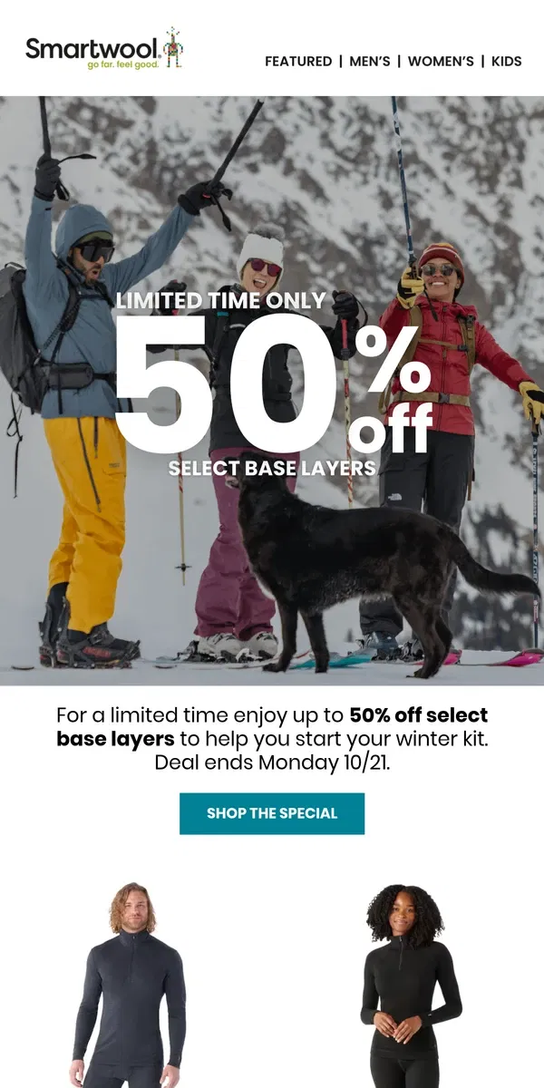 Email from Smartwool. Limited time 50% off select base layers