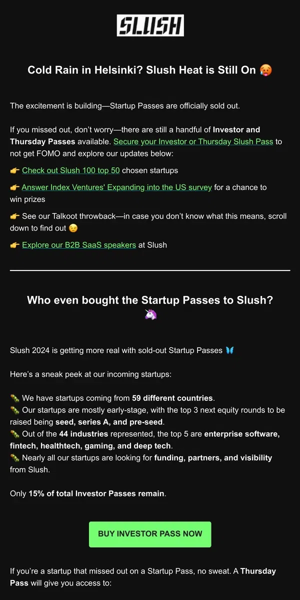 Email from Slush. Slush Startup Passes Sold Out 👏