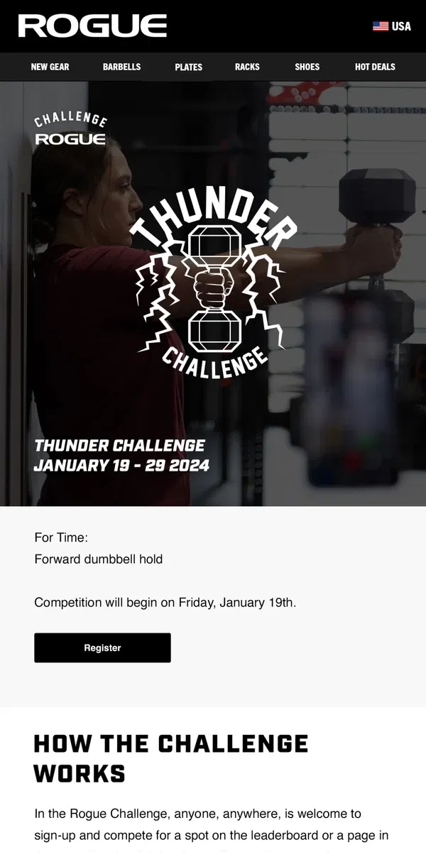 Email from Rogue Fitness. Registration is Now Open for The Thunder Challenge!