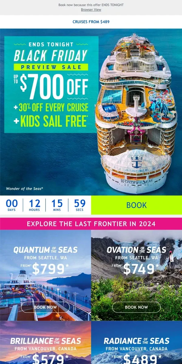 Email from Royal Caribbean. *Final Hours* to score HUGE savings of up to $700 off + 30% off your travel crew during our Black Friday Preview Flash Sale