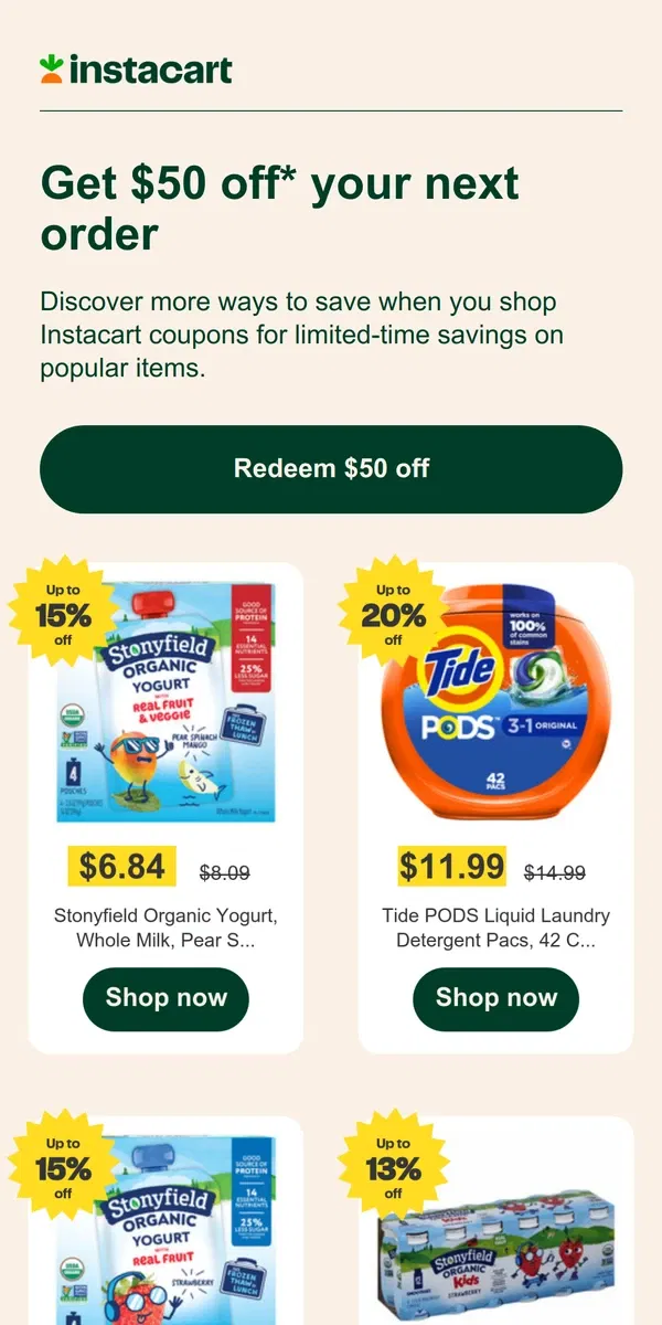 Email from Instacart. 🎉 Get $50 off your first order!