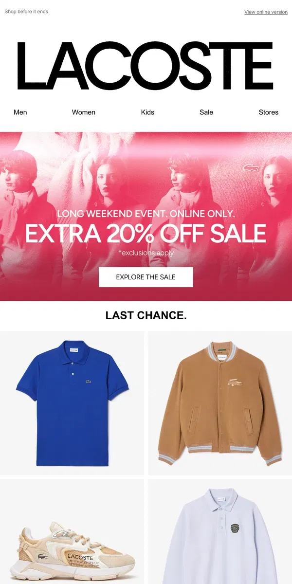 Email from Lacoste. Extra 20% Off Sale Ends Today.