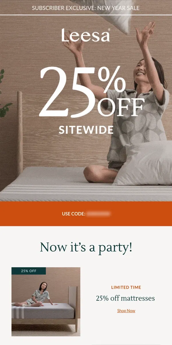 Email from Leesa. 25% off mattresses? Now it's a party! 🎉