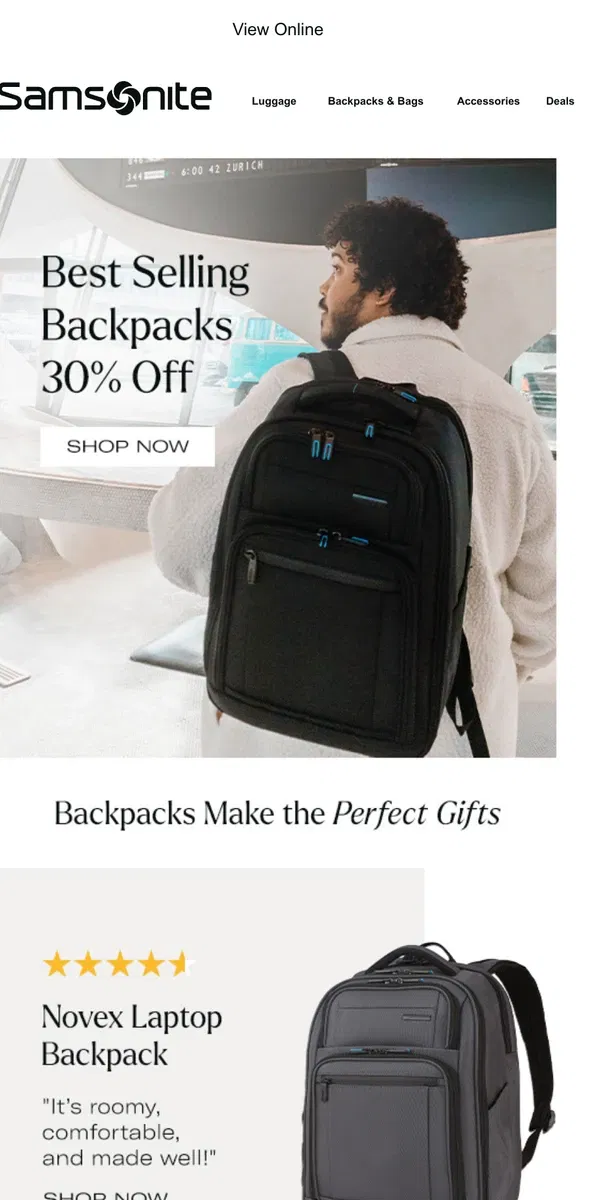 Email from Samsonite. New Day, New Deals: Best Selling Backpacks Now 30% Off