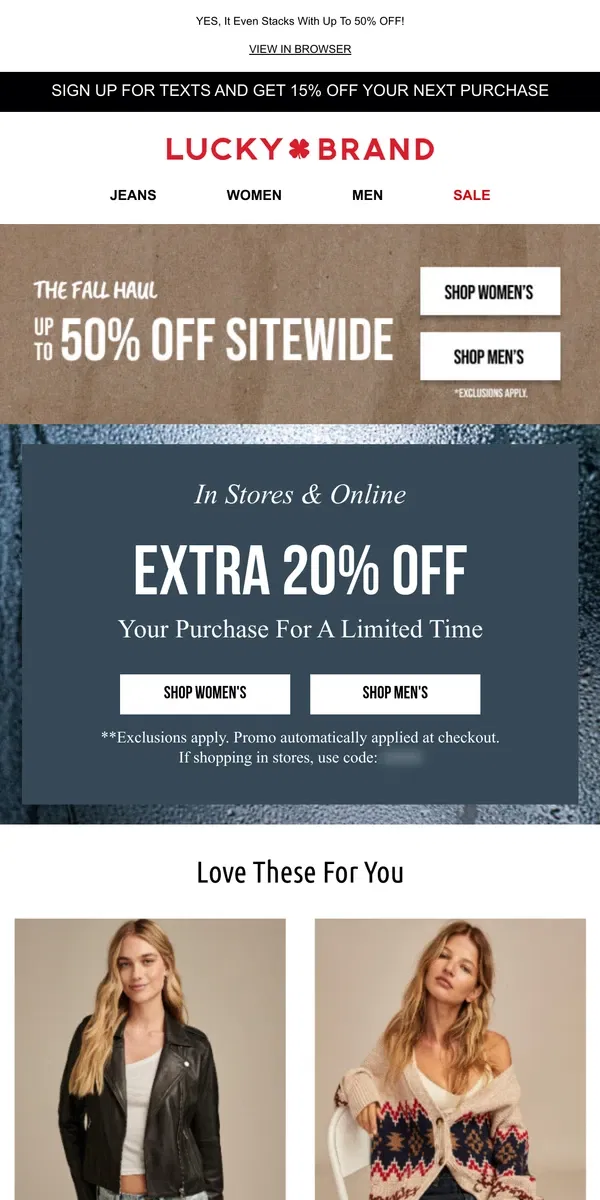 Email from Lucky Brand. THIS WEEKEND ONLY! Extra 20% Off Your Purchase