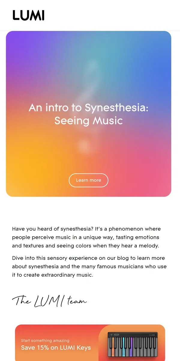 Email from LUMI. Seeing music with synesthesia 🎶