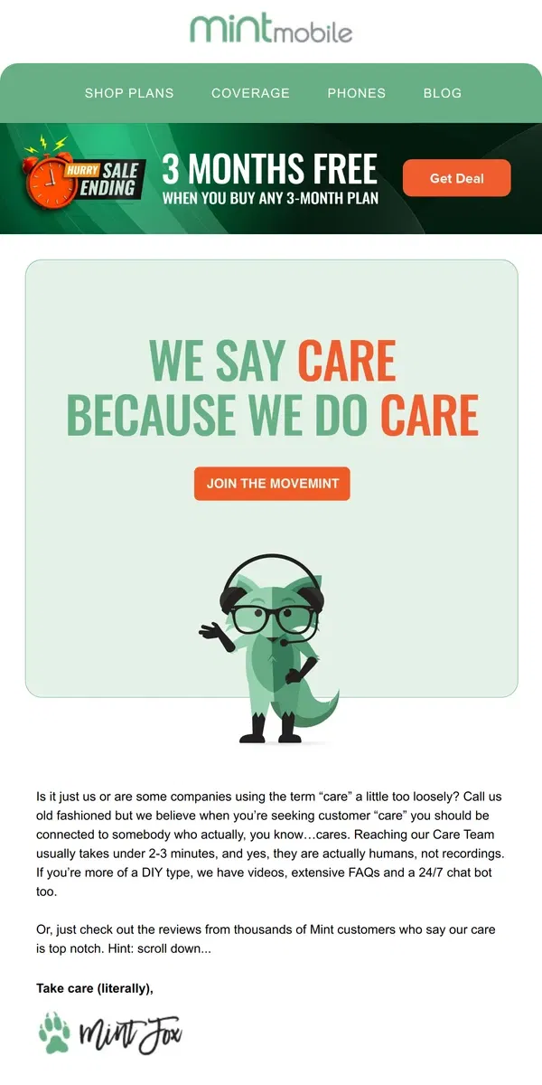 Email from Mint Mobile. You deserve a Care team that actually cares