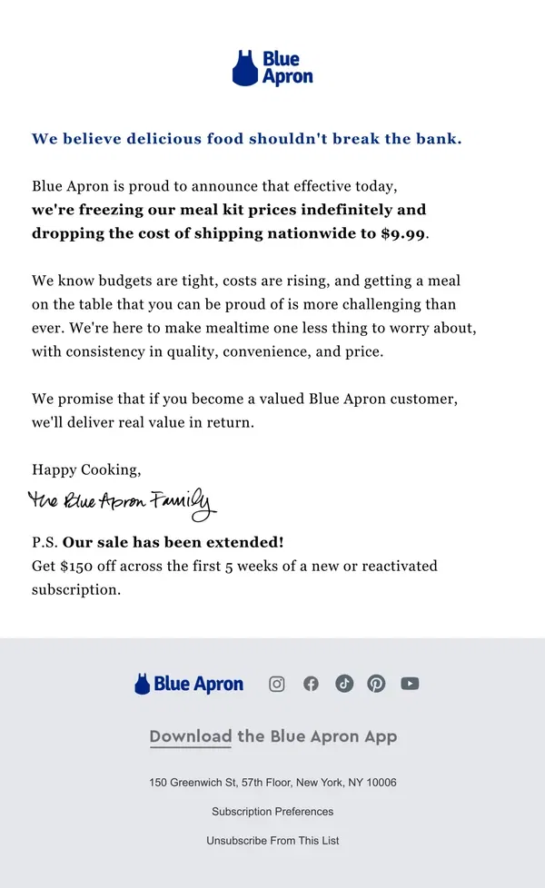 Email from Blue Apron. BIG NEWS: We're freezing prices!