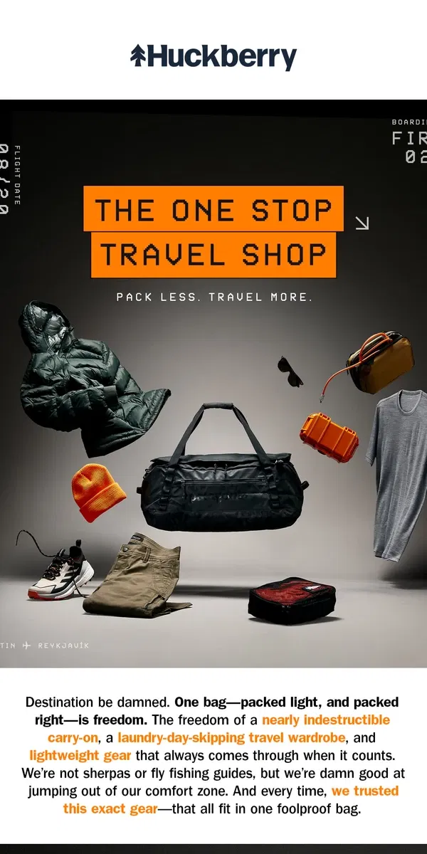 Email from Huckberry. Introducing: The One Stop Travel Shop