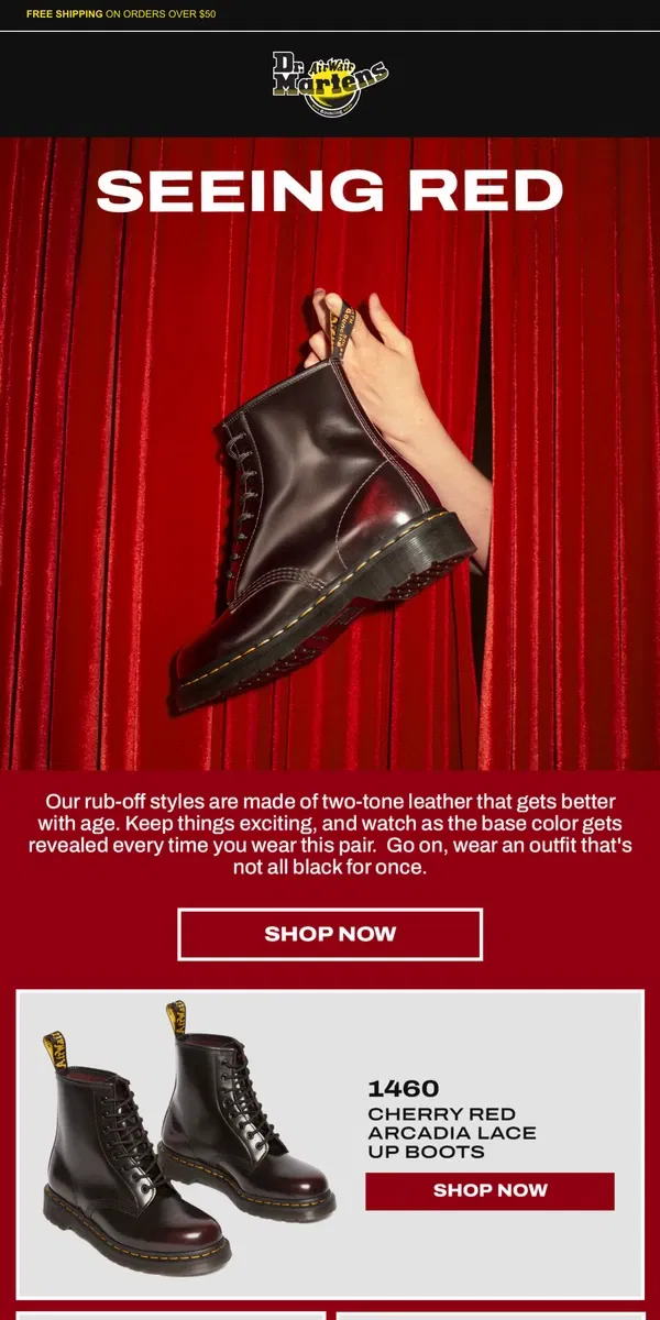 Email from Dr. Martens. These new red leather styles make our hearts go pitter-patter