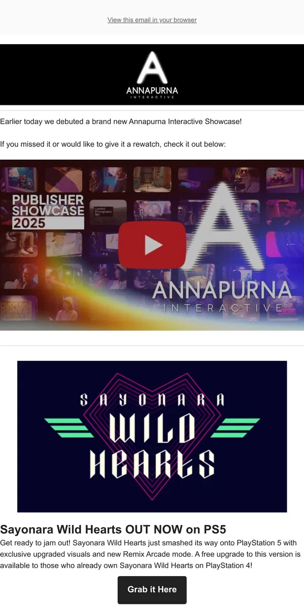 Email from Annapurna Interactive. Annapurna Showcase 2025 Wrap-Up | Demos, Release Dates and More