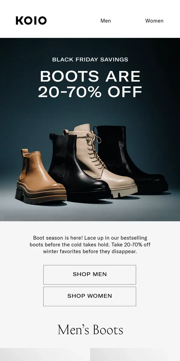 Email from Koio. BOOTS UP TO 20-70% OFF