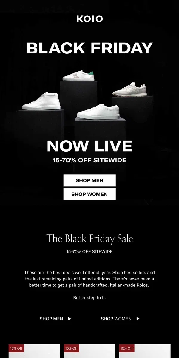 Email from Koio. THE BLACK FRIDAY SALE IS LIVE