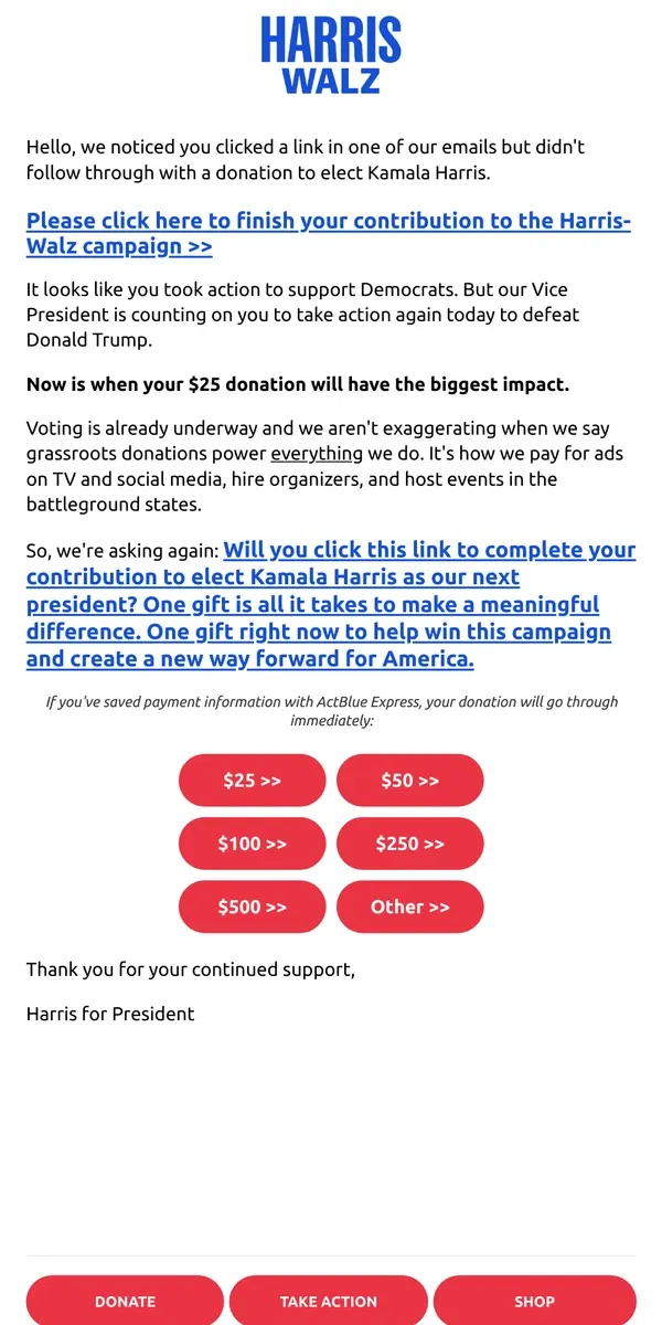 Email from Kamala Harris. Finish your contribution to Kamala Harris's campaign: