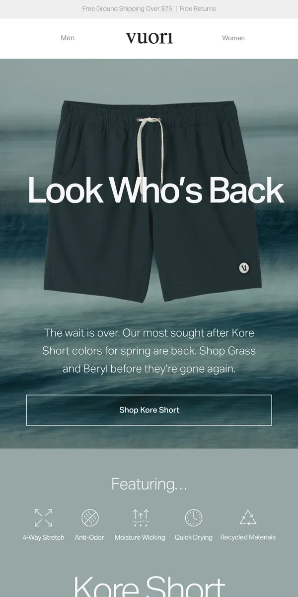 Email from Vuori. They’re Back: Kore Short in Grass and Beryl